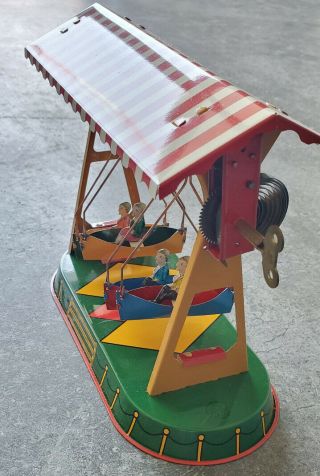 Vtg Wind Up Boat Swing Carnival Ride Tin Toy By Jw Altes Nurnberger Germany