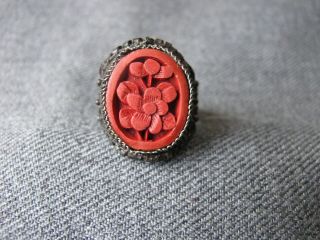 Vintage Flower Cinnabar Filigree Metal Adjustable Ring Marked China 2e