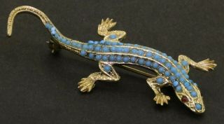 Antique 14k Yellow Gold Elegant Turquoise Lizard Gecko Brooch Pin