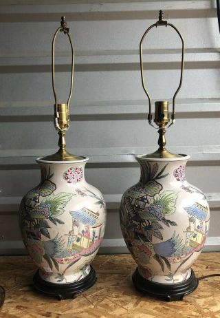 Vintage Pair Chinese Porcelain Ginger Jar Vase Table Lamps Pastel Colors 27”