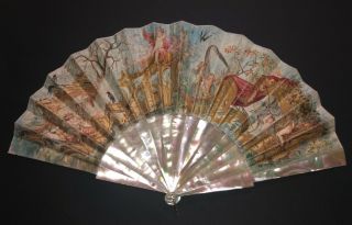 Antique French Art Nouveau Mother Of Pearl Hand Painted Cherub Putti Scene Fan