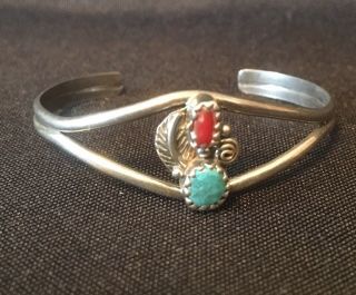 Vtg Native American Navajo Sterling Silver Turquoise Coral Baby Cuff Bracelet