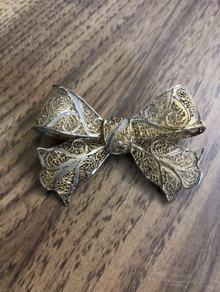 Vintage Gold Over Sterling Silver Filigree Bow Ribbon Pin Brooch Portuguese (?)