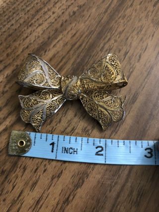 Vintage Gold Over Sterling Silver Filigree Bow Ribbon Pin Brooch Portuguese (?) 2