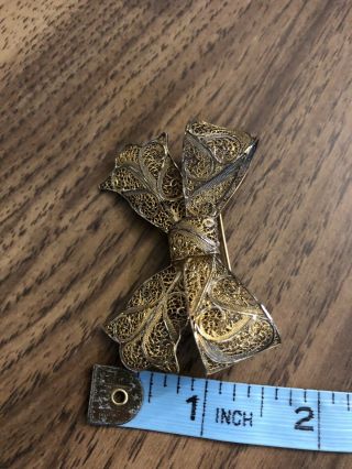 Vintage Gold Over Sterling Silver Filigree Bow Ribbon Pin Brooch Portuguese (?) 3