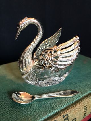 Vintage Silver Plated And Crystal Swan Master Salt Cellar Wedding Decor B16