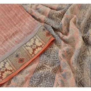 Sanskriti Vintage Pink Saree Pure Crepe Silk Printed Sari Craft Decor 5yd Fabric