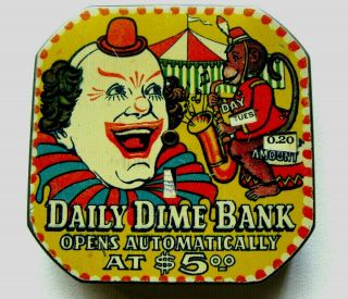 Vintage Daily Dime Bank 1950s Circus Clown Tin Litho Register Coin Savings