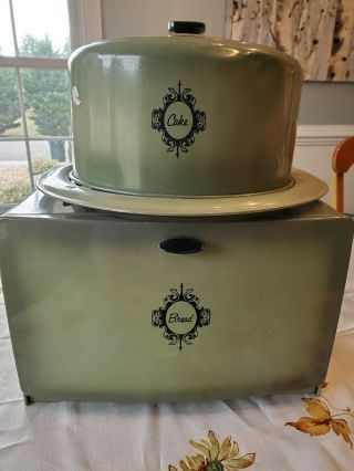 West Bend Vintage Olive Green Metal Bread Box And Matching Cake Carrier