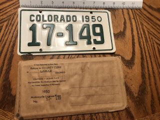 1950 A,  Colorado Motorcycle License Plate Vintage Lamar County
