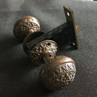 Antique Victorian Windsor Cast Brass Doorknob Set With 2 Bronze Rosettes