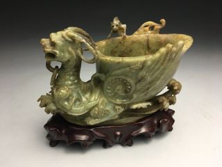 Old Chinese Jade Dragon Qilong Ceremonial Cup Carved Wood Base Estate Find