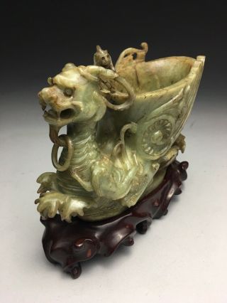 Old Chinese Jade Dragon Qilong Ceremonial Cup Carved Wood Base Estate Find 2