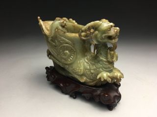 Old Chinese Jade Dragon Qilong Ceremonial Cup Carved Wood Base Estate Find 3