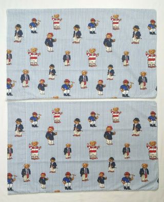 Vintage Ralph Lauren Teddy Bear Pillowcases Set Of 2 Blue White Stripe Cotton