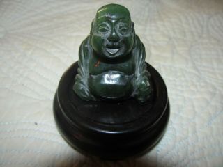 Green Jade Buddha On Wood Base