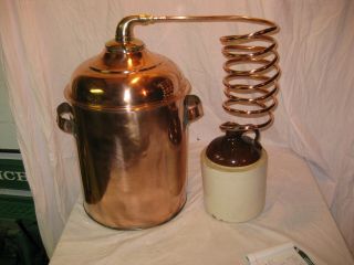 Large Antique Copper Moonshine Still With Coil,  Jug 7 - 8 Gallon Still Lqqk