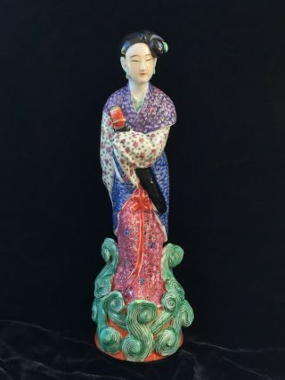 Vtg Chinese Famille Rose Porcelain Female Deity Immortal Riding Cloud Stamped