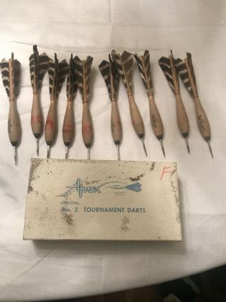 10 Vintage Official Apex No 2 Tournament Wood Darts Steel Tip Turkey Feathers