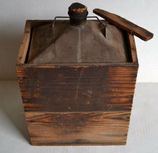 Vintage Antique Primitive Gas Oil Fuel Tin Can W/ Bale Handle In Wooden Crate
