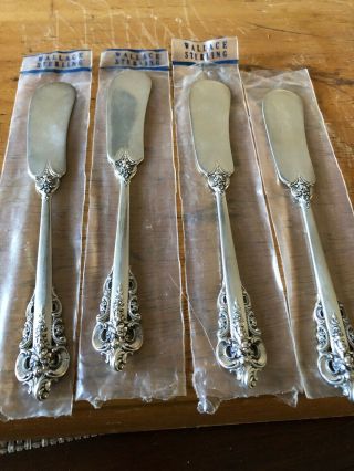 4 Wallace Sterling Silver Grande Baroque Butter Spreaders Knives,  Nip,  Never Use