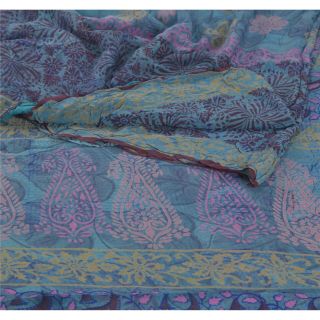 Sanskriti Vintage Blue Saree Pure Georgette Silk Printed Sari Craft 5yd Fabric