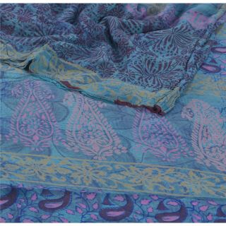 Sanskriti Vintage Blue Saree Pure Georgette Silk Printed Sari Craft 5Yd Fabric 2
