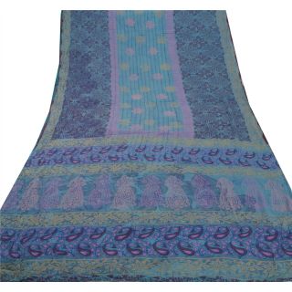 Sanskriti Vintage Blue Saree Pure Georgette Silk Printed Sari Craft 5Yd Fabric 3