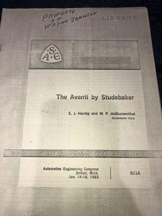 Vtg Photocopy Of 1963 Publication By Society Of Automotive Engineers The Avanti