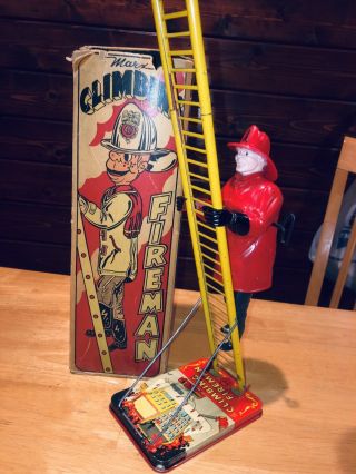 Antique Marx Climbing Fireman Wind Up Tin Toy Great Minty Look