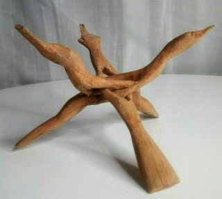 Vintage Old Fine Hand Crafted Wood Bird Figure Folding Tripod Pot Stand 13 17cm