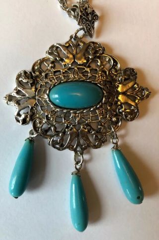 Vintage Whiting & Davis Silver Tone Turquoise Necklace With Dangling Beads