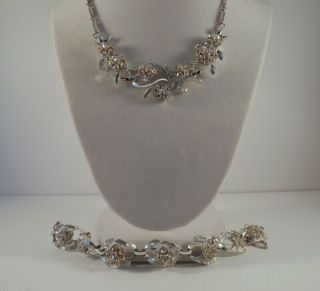 Vintage Coro Silver Tone Clear Rhinestone Flower Necklace & Bracelet Set Bridal
