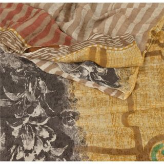 Sanskriti Vintage Saree Blend Georgette Brown Printed Sari 5 Yard Craft Fabric