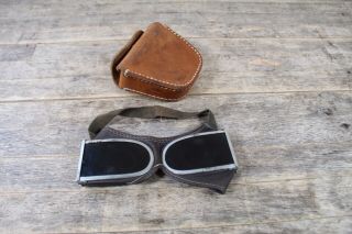 Vintage Ww2 Era Folding Leather Flying Or Motorcycle Goggles With Case.