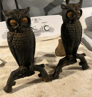 Vintage Cast Iron Fire Dogs Owl Andirons Amber Glass Eyes Fireplace Decor Orig.