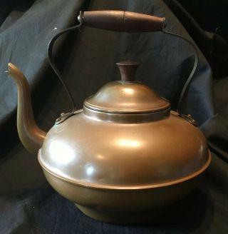 Antique Vintage Copper Tea Kettle With Wooden Handle