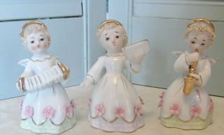 Vintage Lefton Leftoris Spaghetti Hair Trim Musical Angels Set Of 3 Figurines