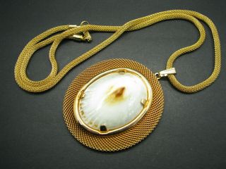 Vtg Gold Tone Miriam Haskell Mesh Tube Necklace Oval Frame Sea Shell Pendant Wow