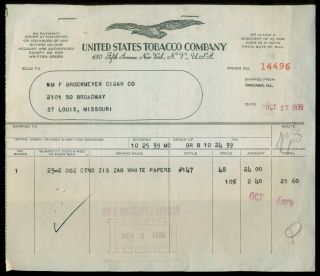 1939 United States Tobacco Company Invoice For " Zig Zag " White Cigarette Papers