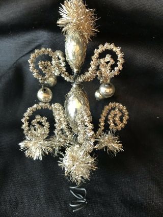 Antique German Tinsel Mercury Glass Silver Feather Christmas Tree Topper 7” Tall