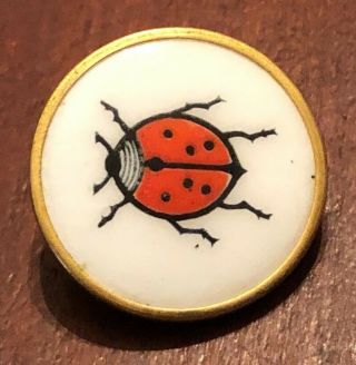 Vintage French Enamel Set In Brass Button,  Lady Bug,  Beetle,  13/16 "