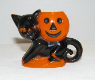 Vintage Rosen Rosbro Black Cat & Jack - O - Lantern Hard Plastic Candy Container