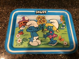 Vintage 1980s Smurf Metal Tv Lap Tray With Folding Legs