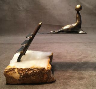 Vintage Mid Century Sculpture Seal With Ball On Diving Board - Metal - Stone