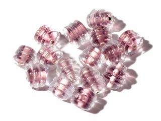 (15) Vintage Czech Lampwork Pink Lined Bicolor Crystal Spun Ribbed Glass Beads