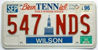 Tennessee 1996 State Bicentennial License Plate,  547 Nds,  Wilson County