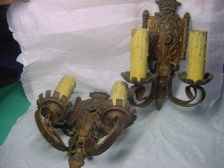 2 Antique Cast Iron Double Wall Sconces Art Deco - Gothic Polychrome