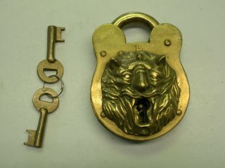 Antique Lion Face,  Lion Head Brass Padlock W/ 2 Keys.  Well.  Pat.  Feb 18,  1896.