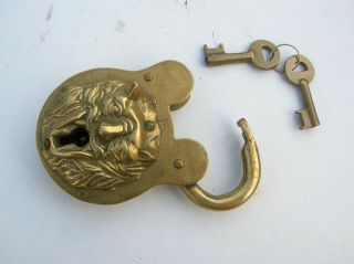 Antique lion face,  lion head brass padlock w/ 2 keys.  well.  Pat.  Feb 18,  1896. 2